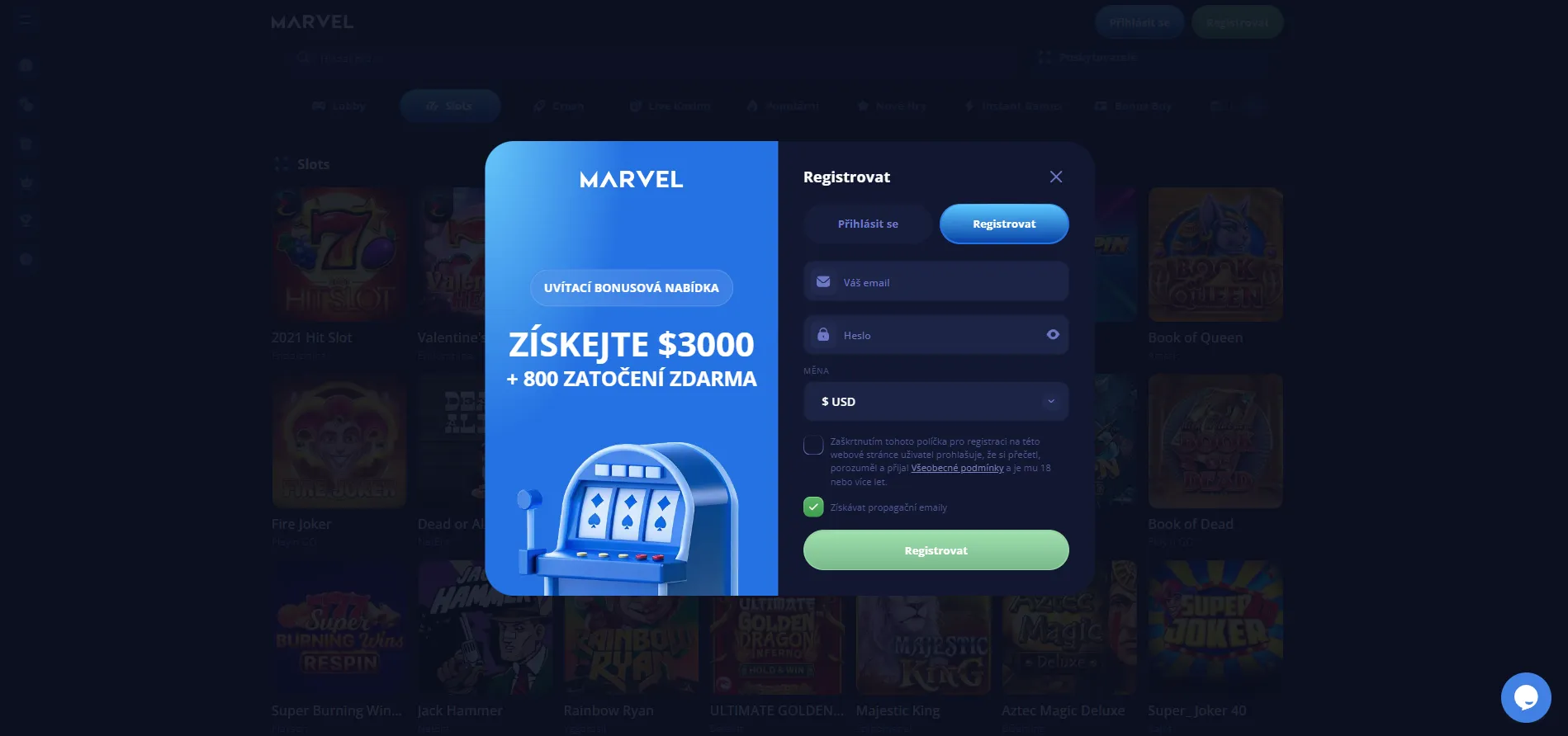 Registrace nového účtu v Marvel Kasino
